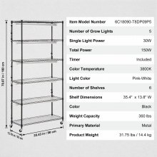 VEVOR Pflanzenständer Pflanzenregal mit Pflanzenlampe 6 Ebenen 150W 90x35x180cm