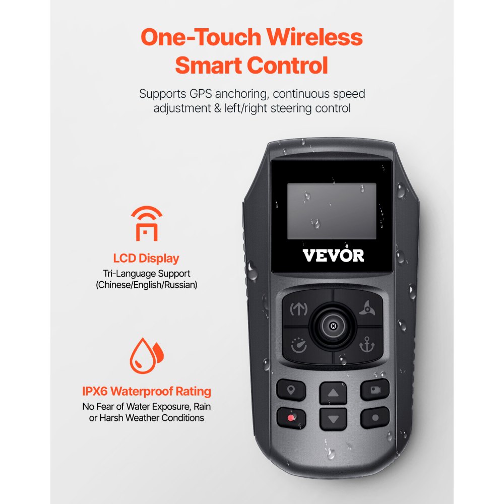 VEVOR Elektro Außenborder, 25 kg Schub mit GPS, 10-Gang-Bugmontage-Salzwasser-Bootsmotor, Trolling Motor mit Fernbedienung und LCD-Batterieanzeige, für Kajaks, Fischerboote, 915 mm Schaft