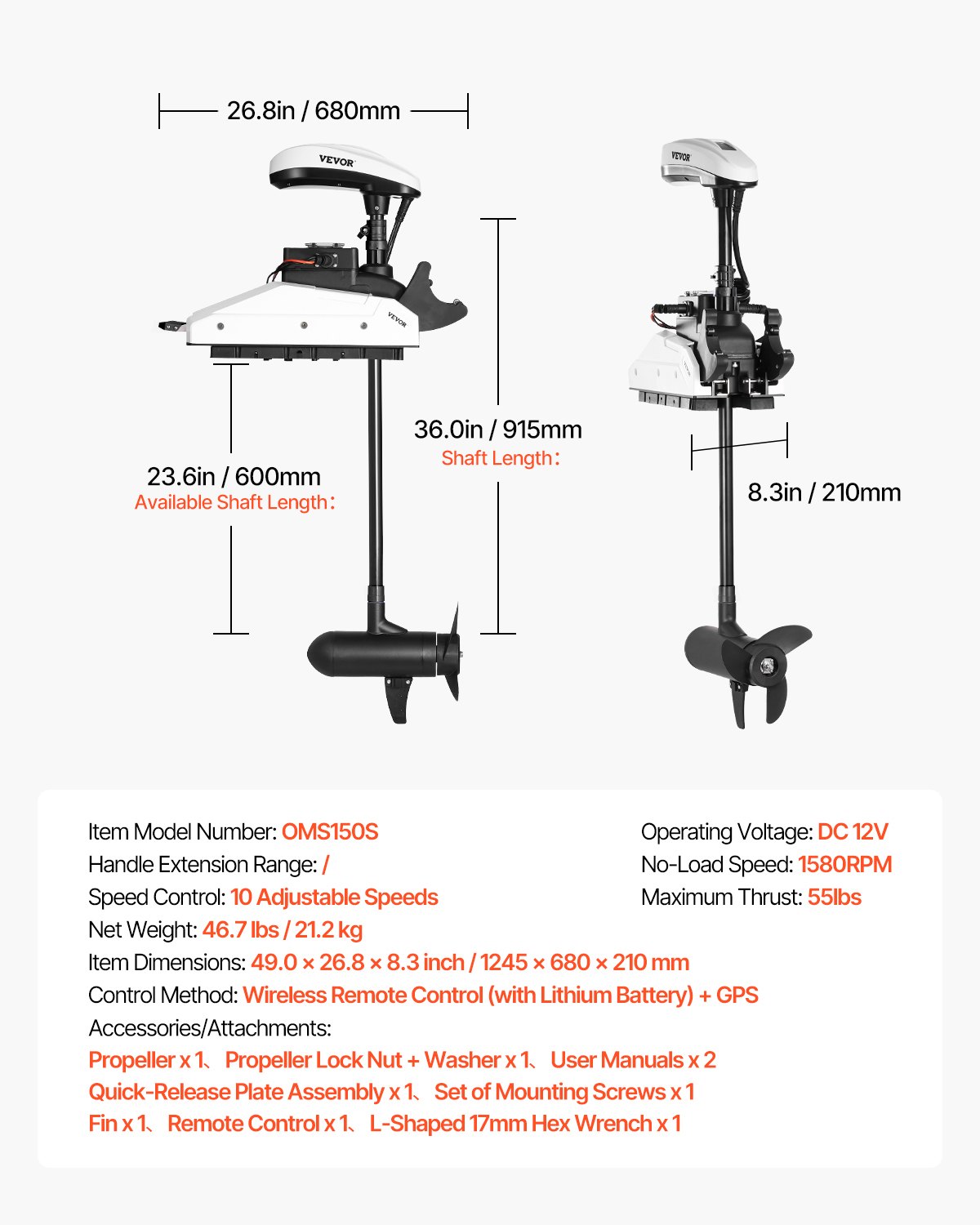 VEVOR Elektro Außenborder, 25 kg Schub mit GPS, 10-Gang-Bugmontage-Salzwasser-Bootsmotor, Trolling Motor mit Fernbedienung und LCD-Batterieanzeige, für Kajaks, Fischerboote, 915 mm Schaft