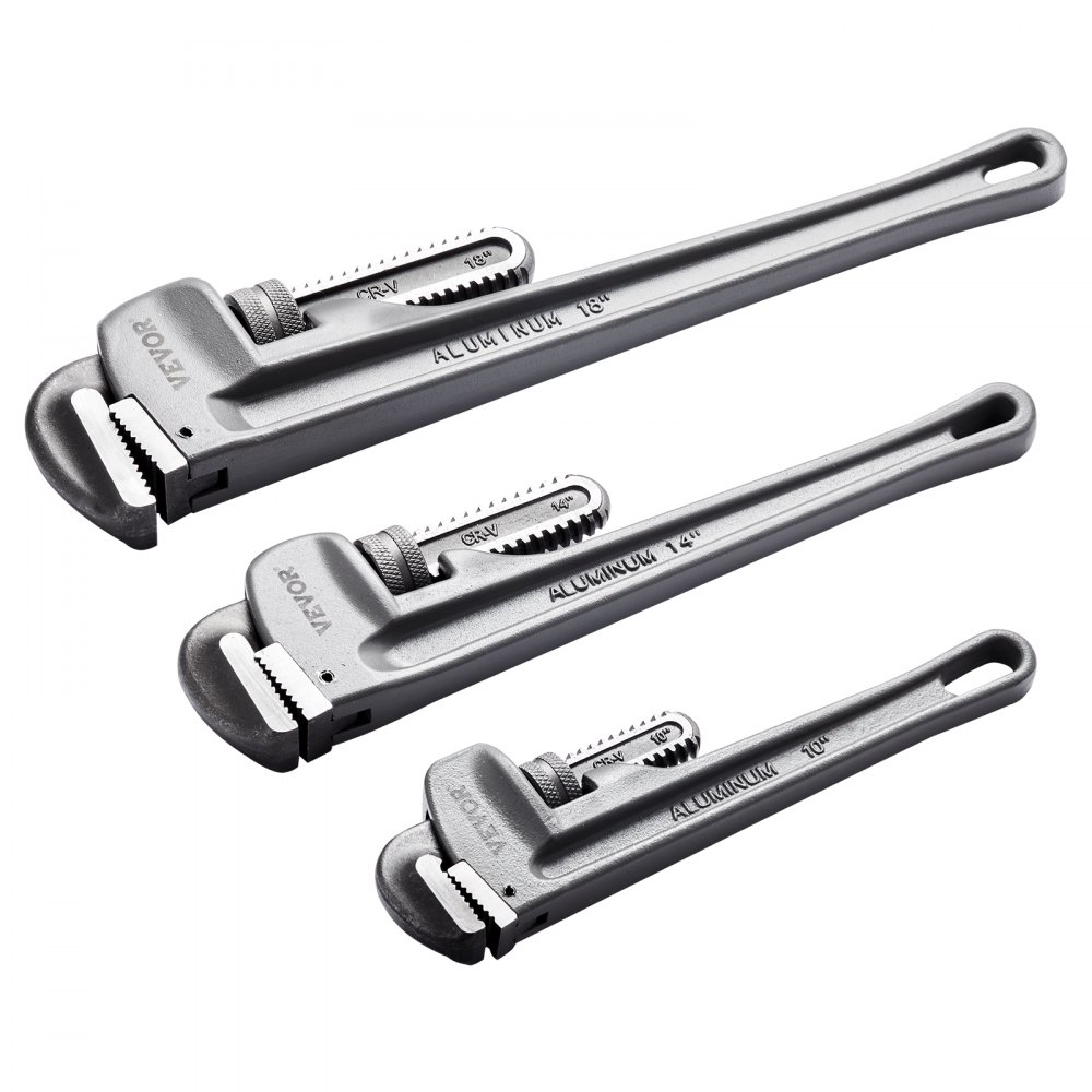 VEVOR 3-piece pipe wrench set, 10" 14" 18" straight aluminum pipe wrench, adjustable plumbing wrench, with high-strength jaw and ergonomic handle, hanging design, for water pipes