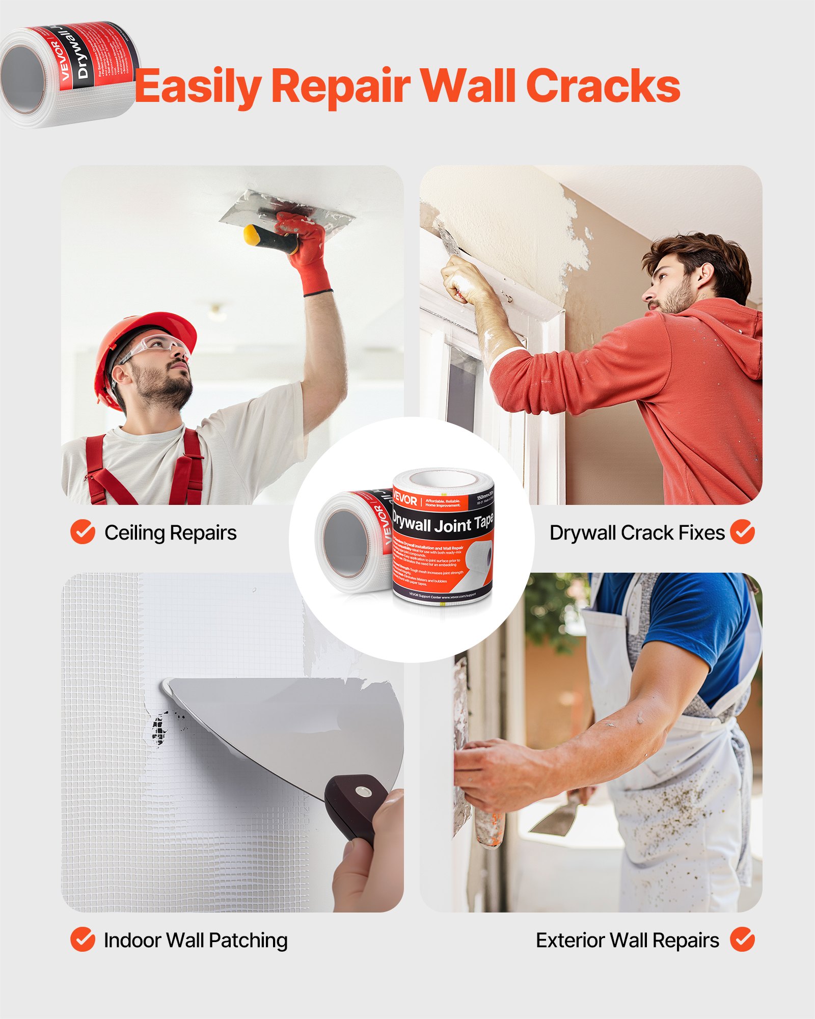 VEVOR Fugenband, 150 mm B x 30 m L, 12 Rollen, selbstklebendes Fiberglas-Trockenbau-Reparaturband, Gewebeband für Reparatur- & Spachtelarbeiten, für eine glatte, ebene Wandoberfläche