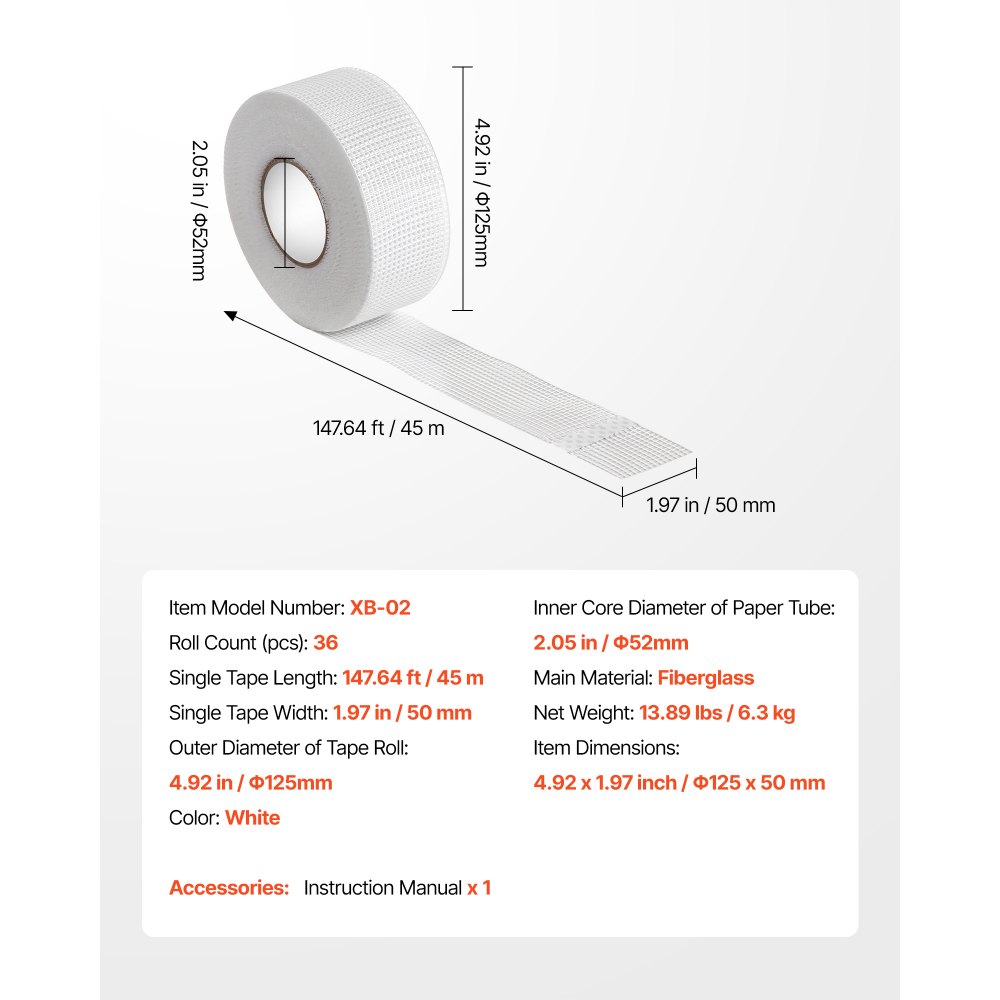 VEVOR Fugenband, 50 mm B x 45 m L, 36 Rollen, selbstklebendes Fiberglas-Trockenbau-Reparaturband, Gewebeband für Reparatur- & Spachtelarbeiten, für eine glatte, ebene Wandoberfläche