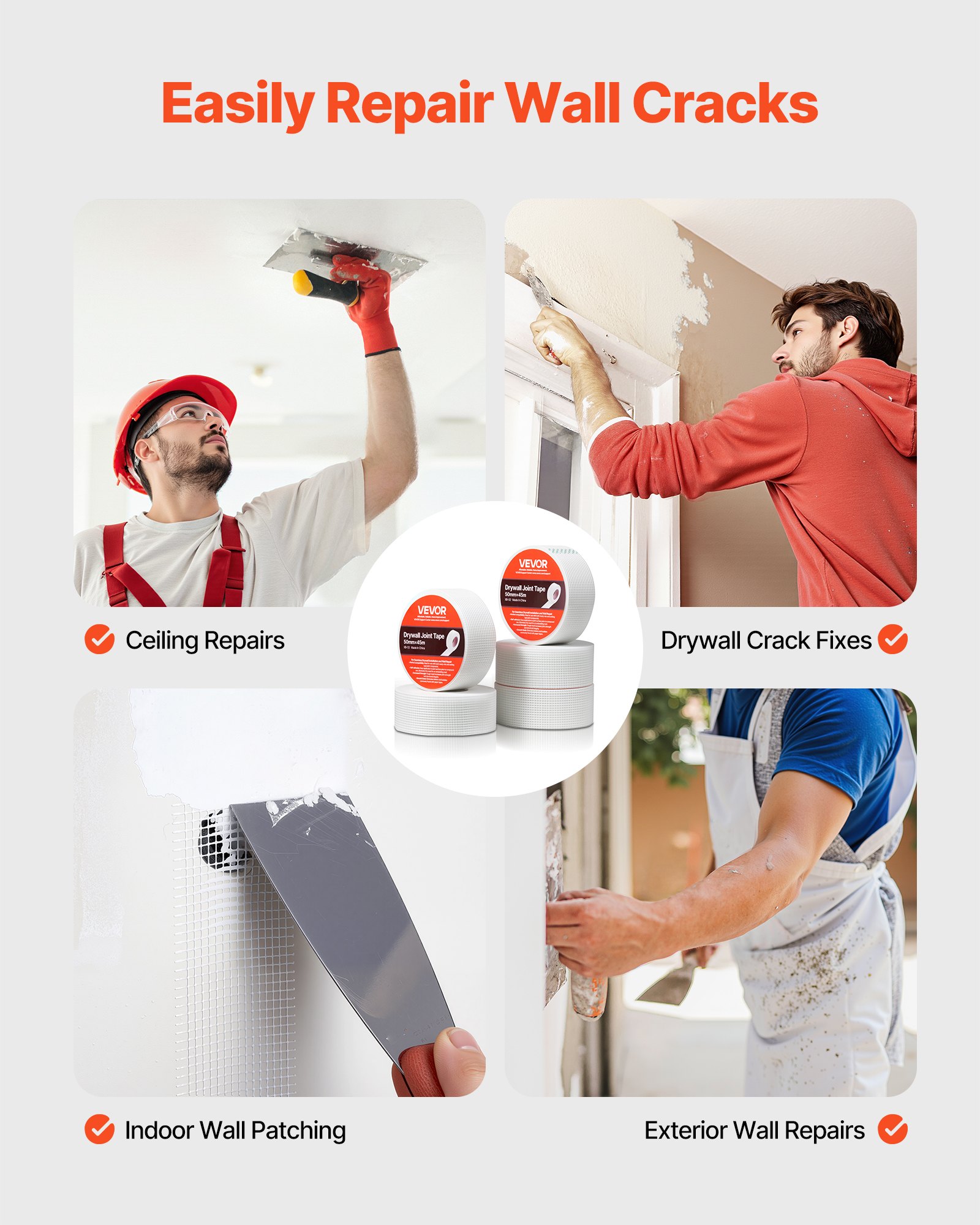 VEVOR Fugenband, 50 mm B x 45 m L, 36 Rollen, selbstklebendes Fiberglas-Trockenbau-Reparaturband, Gewebeband für Reparatur- & Spachtelarbeiten, für eine glatte, ebene Wandoberfläche