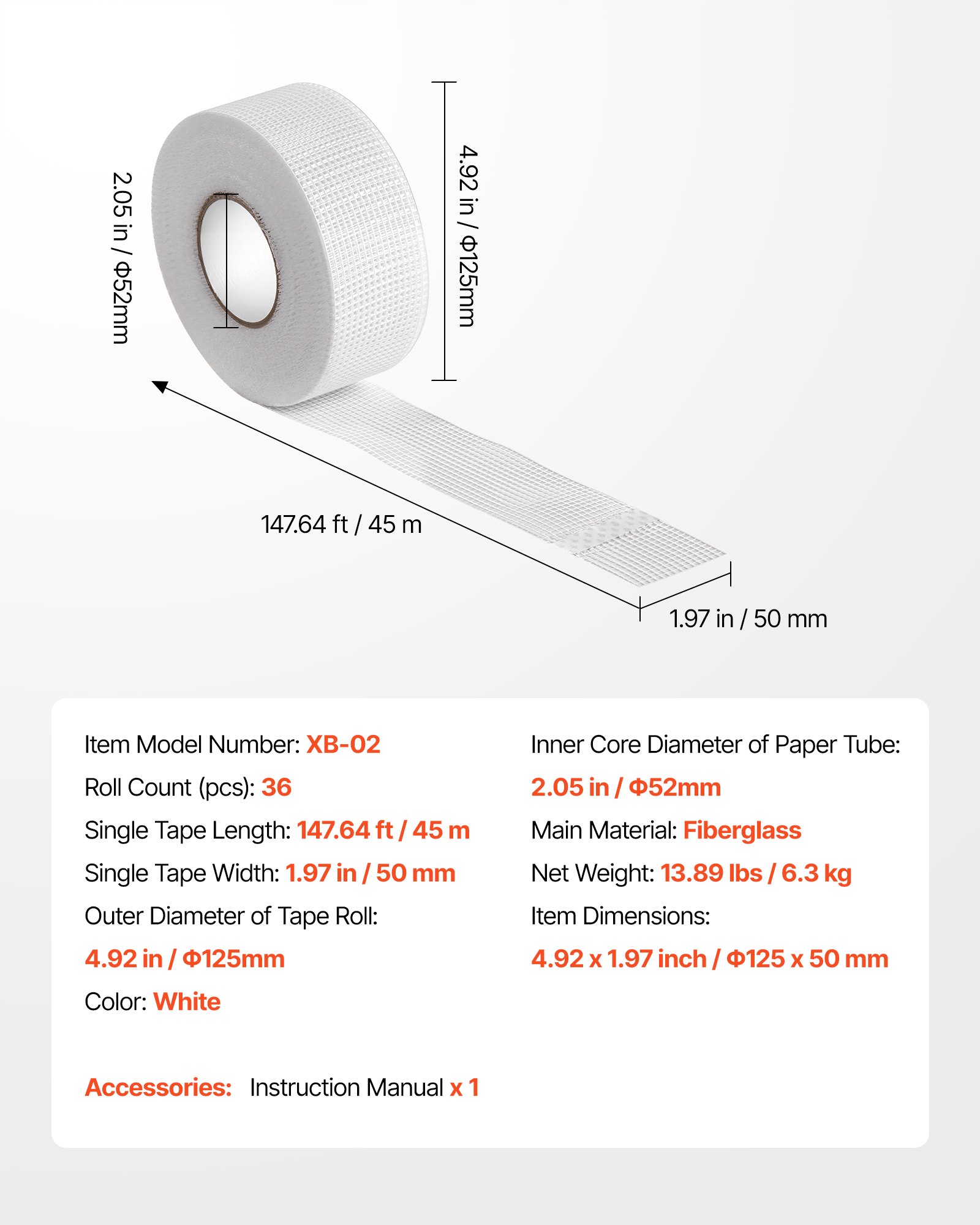 VEVOR Fugenband, 50 mm B x 45 m L, 36 Rollen, selbstklebendes Fiberglas-Trockenbau-Reparaturband, Gewebeband für Reparatur- & Spachtelarbeiten, für eine glatte, ebene Wandoberfläche