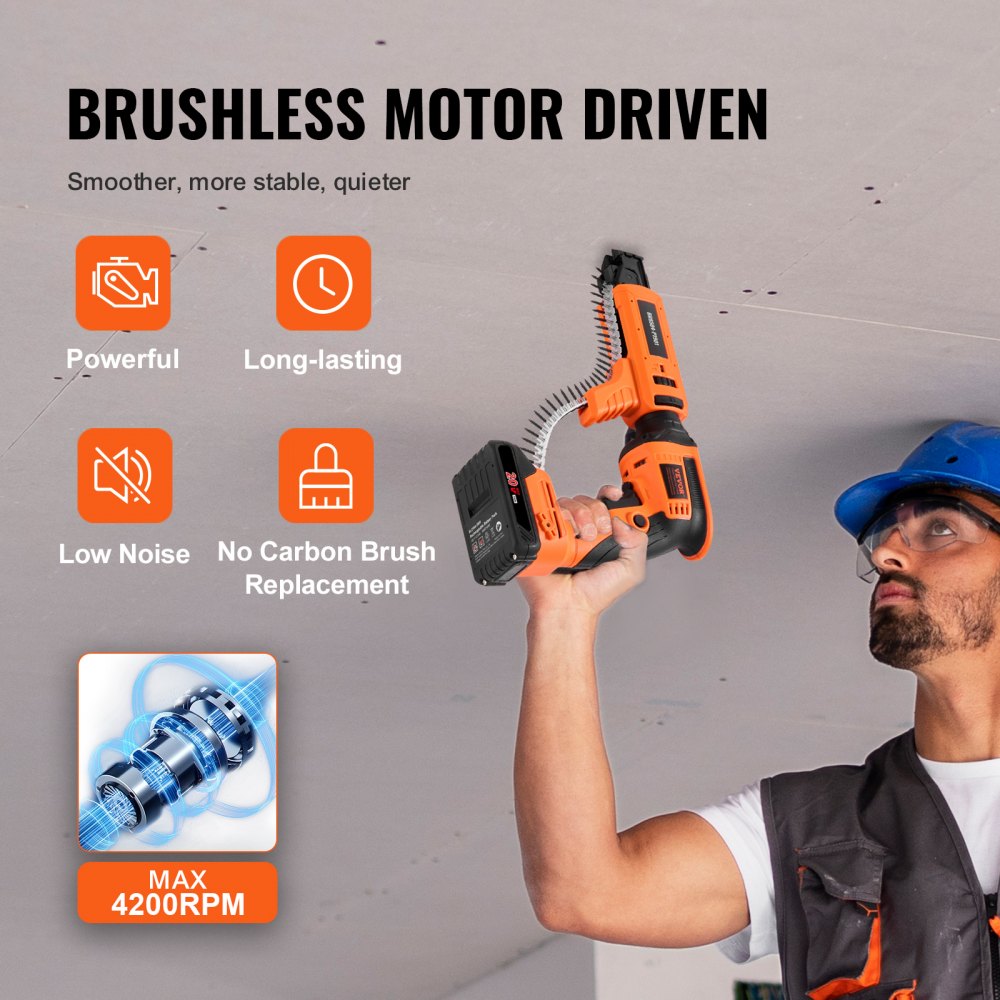 VEVOR drywall screwdriver with automatic feed, 20 V Max. Drywall screwdriver with magazine, 4200 rpm brushless cordless drywall screwdriver set with 2 battery packs, charger, belt clip