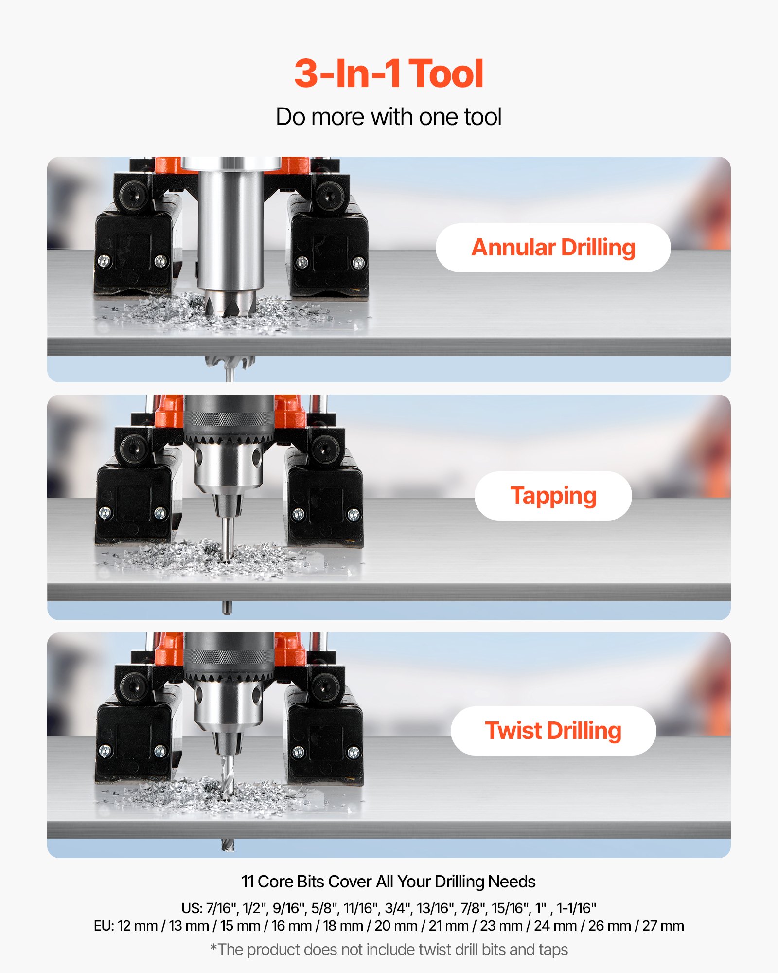 VEVOR Magnetbohrmaschine 1400 W 50 mm Bohrdurchmesser, umkehrbare Richtung, Magnetbohrer für Metalloberflächen, elektrische Kernbohrmaschine mit 11 Kernbohrern für Industrie Heimwerker Orange