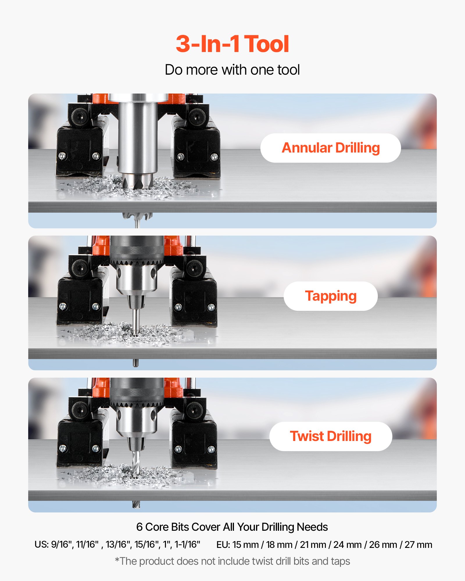 VEVOR Magnetic Drill Press, 1400 W, 50 mm Boring Diameter, 0-850 RPM Speed, Reversible Direction, Mag Drill Press with 6 Core Bits, Electric Drilling Machine for Industrial and Home Improvement