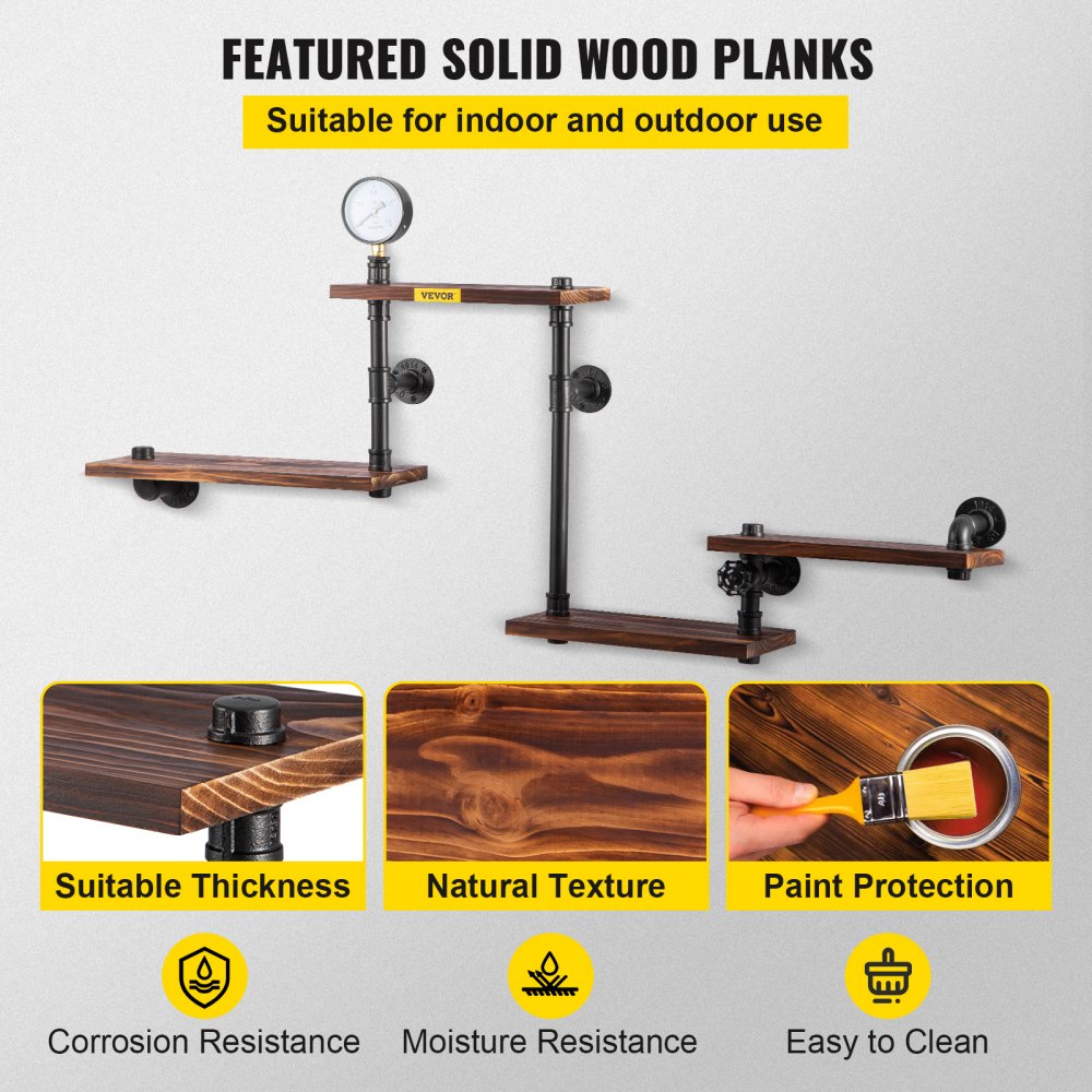VEVOR Industrielle Rohrregale des Haushaltsregals 4 Etagen Wandregale, Rustikale Metallregale Schwarz Rohrregale mit Massivholz, Schweberegale zur Wandmontage für Schlafzimmer, Waschküche, Büro usw.