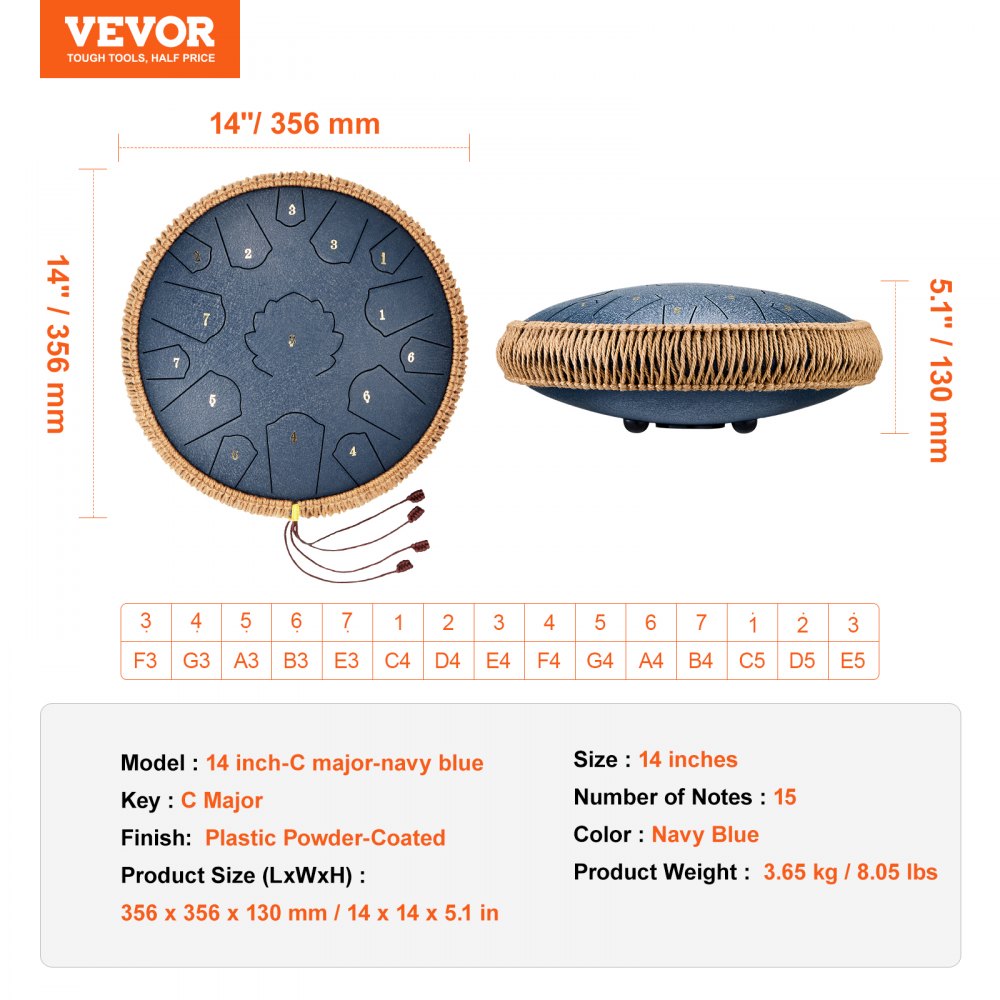 VEVOR Zungentrommel 356 mm, Steel Tongue Drum 15 Noten, Regentrommel, C-Dur-Tonart, Regenglockenspiel mit 2 Schlägeln & Tragetasche, Handpan-Trommel, Schlaginstrument für Musikunterricht & Yoga, Blau