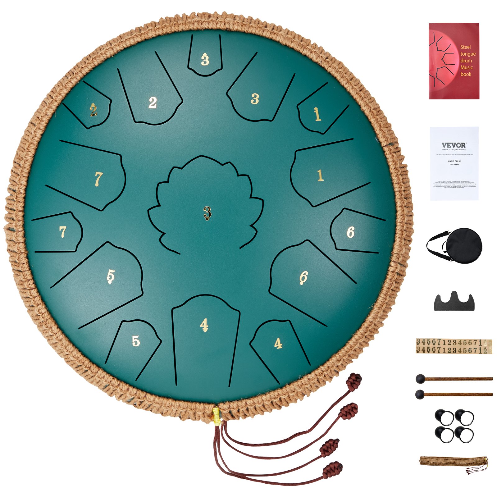 VEVOR Zungentrommel 356 mm, Steel Tongue Drum 15 Noten, Regentrommel, D-Dur-Tonart, Regenglockenspiel mit 2 Schlägeln & Tragetasche, Handpan-Trommel, Schlaginstrument für Musikunterricht & Yoga, Grün