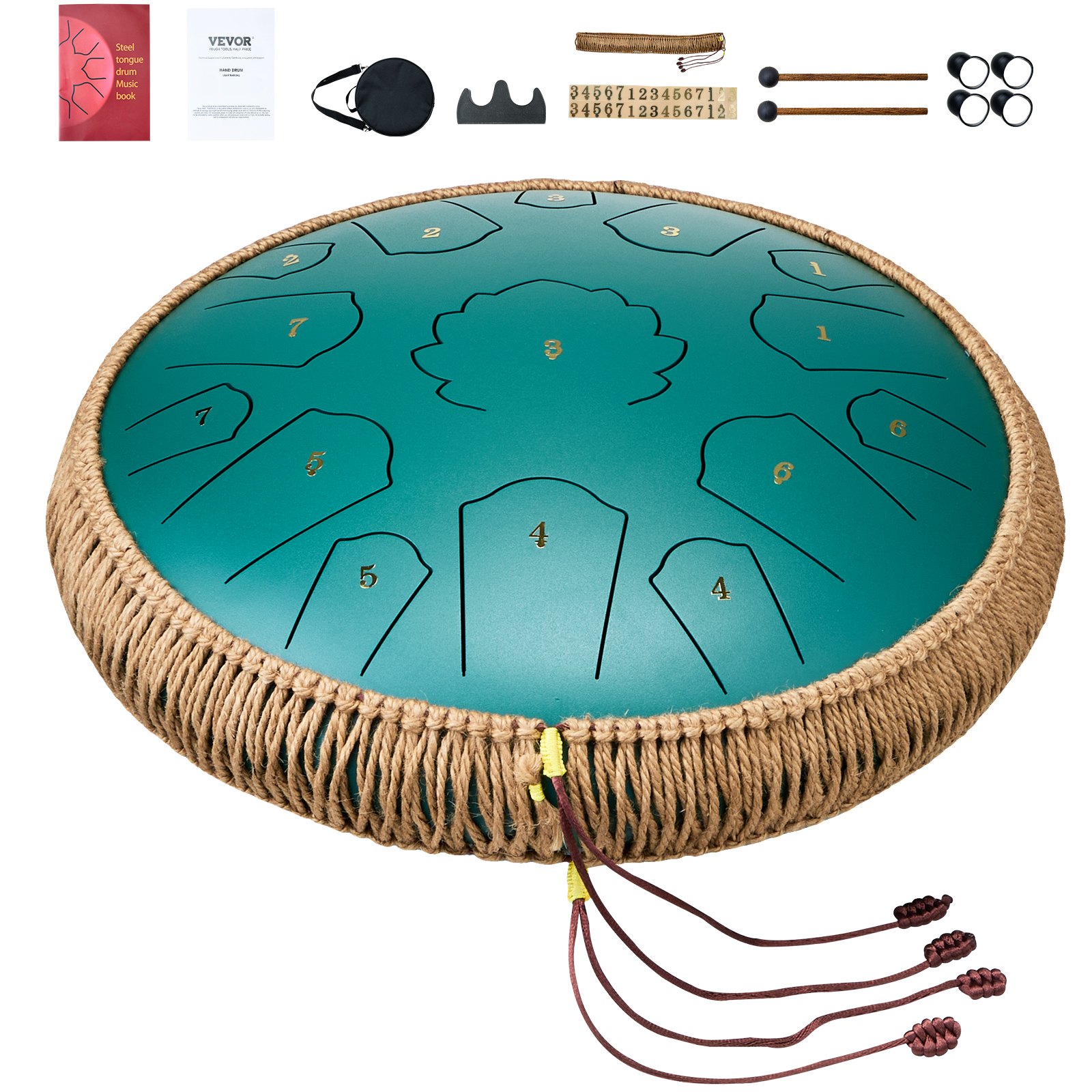 VEVOR Zungentrommel 356 mm, Steel Tongue Drum 15 Noten, Regentrommel, D-Dur-Tonart, Regenglockenspiel mit 2 Schlägeln & Tragetasche, Handpan-Trommel, Schlaginstrument für Musikunterricht & Yoga, Grün