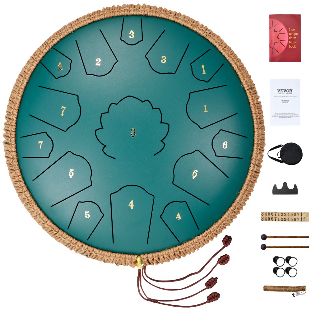 VEVOR Zungentrommel 356mm, Steel Tongue Drum 15 Noten, Regentrommel, C-Dur-Tonart, Regenglockenspiel mit 2 Schlägeln & Tragetasche, Handpan-Trommel, Schlaginstrument für Musikunterricht & Yoga, Grün