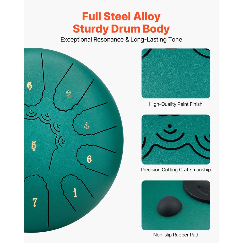 VEVOR Stahltrommel, Ø254 mm 11 Tönen, Regentrommel, C-Dur, mit Notenbuch & Schlägeln, Perkussionsinstrument für Meditation, Yoga & musikalische Anfängerausbildung, Steel Tongue Drum Grün