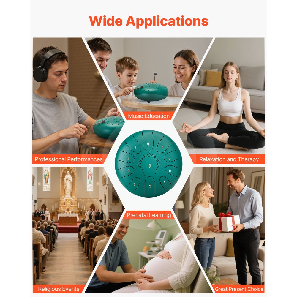 VEVOR Stahltrommel, Ø254 mm 11 Tönen, Regentrommel, C-Dur, mit Notenbuch & Schlägeln, Perkussionsinstrument für Meditation, Yoga & musikalische Anfängerausbildung, Steel Tongue Drum Grün