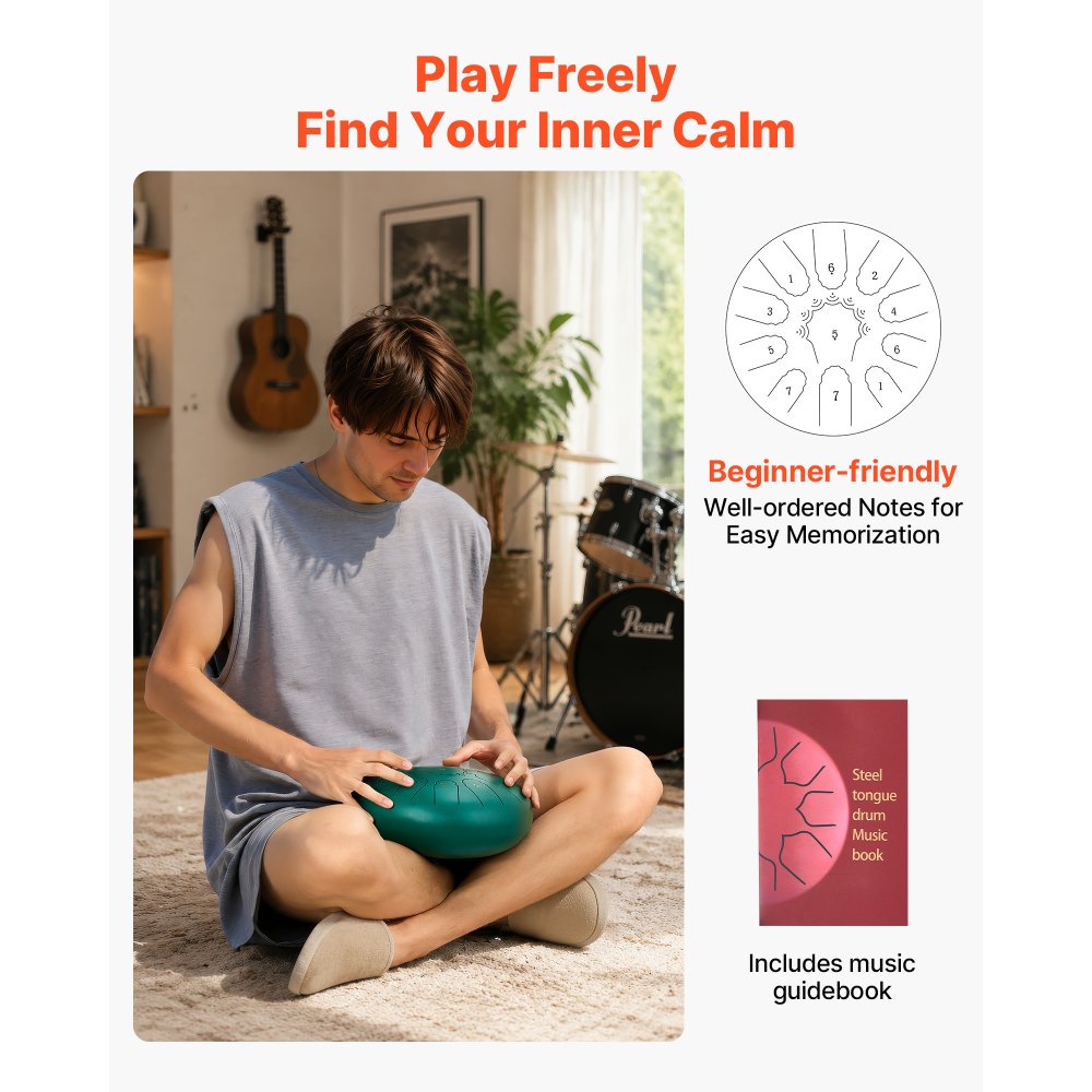 VEVOR Stahltrommel, Ø254 mm 11 Tönen, Tongue Drum, C-Dur, mit Notenbuch & Schlägeln, Perkussionsinstrument für Meditation, Yoga & musikalische Anfängerausbildung, Steel Tongue Drum Grün