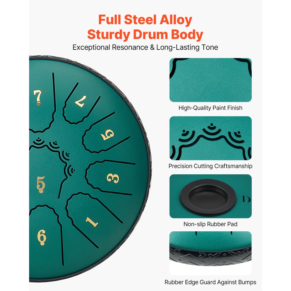 VEVOR Zungentrommel, 165 mm, 11 Tönen Regentrommel, D-Dur Musiktrommeln mit Notenbuch & Schlägeln, Steel Tongue Drum, Steel Pan, für Meditation Yoga Anfänger Musikunterricht, Grün