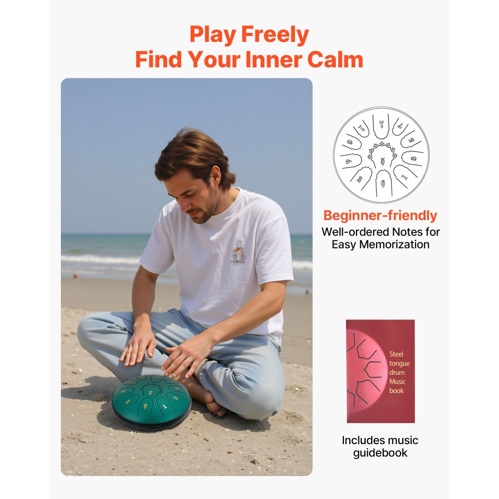 VEVOR Zungentrommel, 165 mm, 11 Tönen Regentrommel, D-Dur Musiktrommeln mit Notenbuch & Schlägeln, Steel Tongue Drum, Steel Pan, für Meditation Yoga Anfänger Musikunterricht, Grün