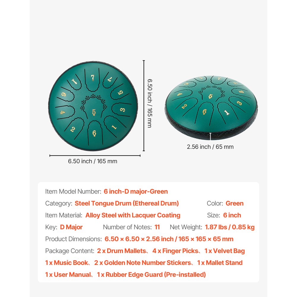 VEVOR Zungentrommel, 165 mm, 11 Tönen Regentrommel, D-Dur Musiktrommeln mit Notenbuch & Schlägeln, Steel Tongue Drum, Steel Pan, für Meditation Yoga Anfänger Musikunterricht, Grün