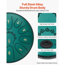 VEVOR Zungentrommel, 165 mm, 11 Tönen Regentrommel, D-Dur Musiktrommeln mit Notenbuch & Schlägeln, Steel Tongue Drum, Steel Pan, für Meditation Yoga Anfänger Musikunterricht, Grün