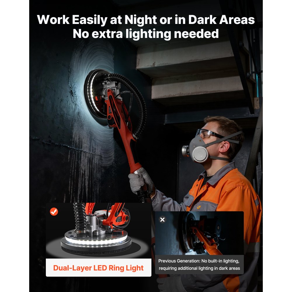 VEVOR Trockenbauschleifer 850 W, Deckenschleifer mit 255 mm Schleifteller, Langhalsschleifer mit 800–1700 U/min Drehzahl, Doppelwandiger LED, Ausziehbarem Griff, 15 Schleifscheiben, Staubschlauch