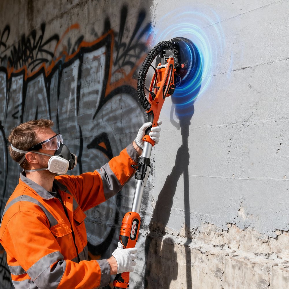 VEVOR Trockenbauschleifer 850 W, Deckenschleifer mit 255 mm Schleifteller, Langhalsschleifer mit 800–1700 U/min Drehzahl, Doppelwandiger LED, Ausziehbarem Griff, 15 Schleifscheiben, Staubschlauch