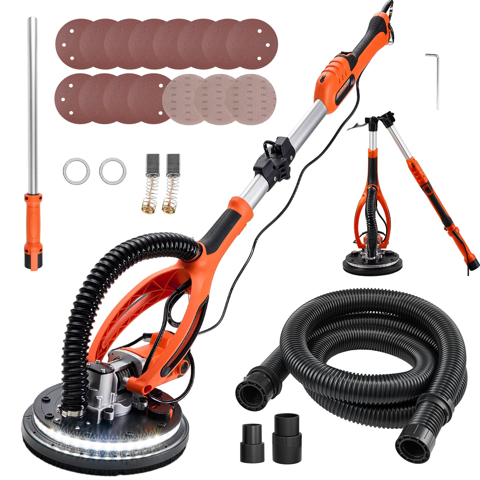 VEVOR Trockenbauschleifer 850 W, Deckenschleifer mit 255 mm Schleifteller, Langhalsschleifer mit 800–1700 U/min Drehzahl, Doppelwandiger LED, Ausziehbarem Griff, 15 Schleifscheiben, Staubschlauch