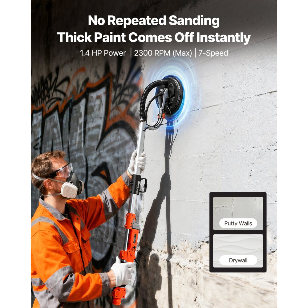 VEVOR Trockenbauschleifer, 1010 W Deckenschleifer mit 255 mm Schleifteller, Langhalsschleifer mit 1000–2200 U/min Drehzahl, Doppelwandiger LED, Ausziehbarem Griff, 15 Schleifscheiben, Staubschlauch