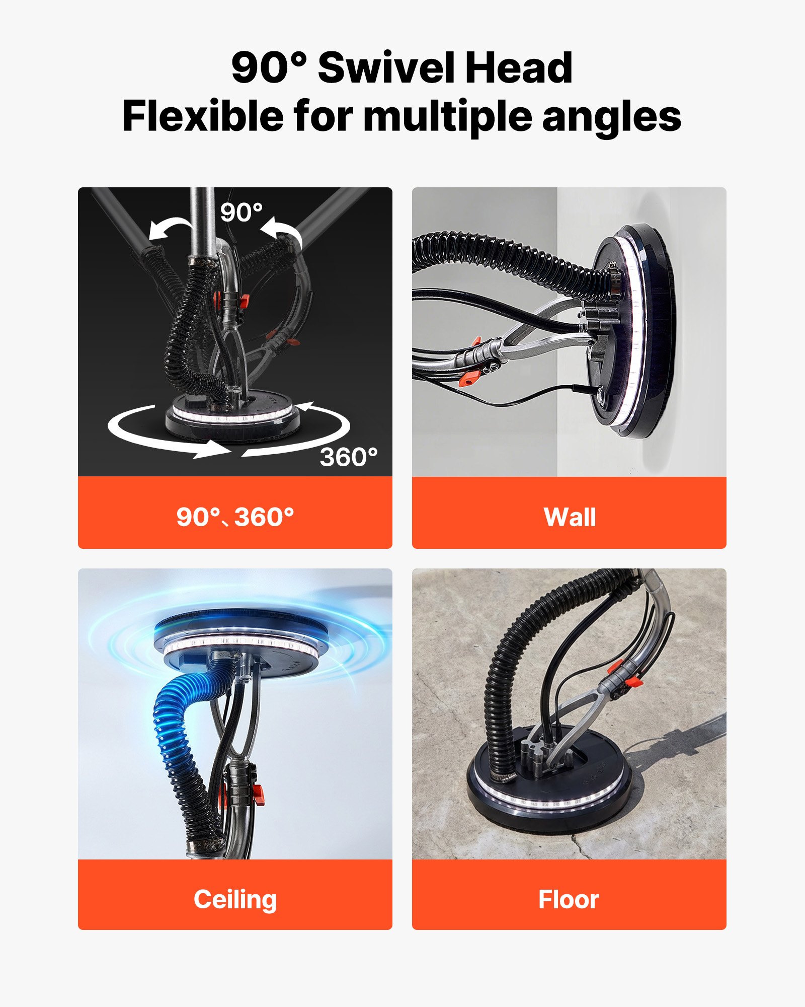 VEVOR Trockenbauschleifer, 1010 W Deckenschleifer mit 255 mm Schleifteller, Langhalsschleifer mit 1000–2200 U/min Drehzahl, Doppelwandiger LED, Ausziehbarem Griff, 15 Schleifscheiben, Staubschlauch