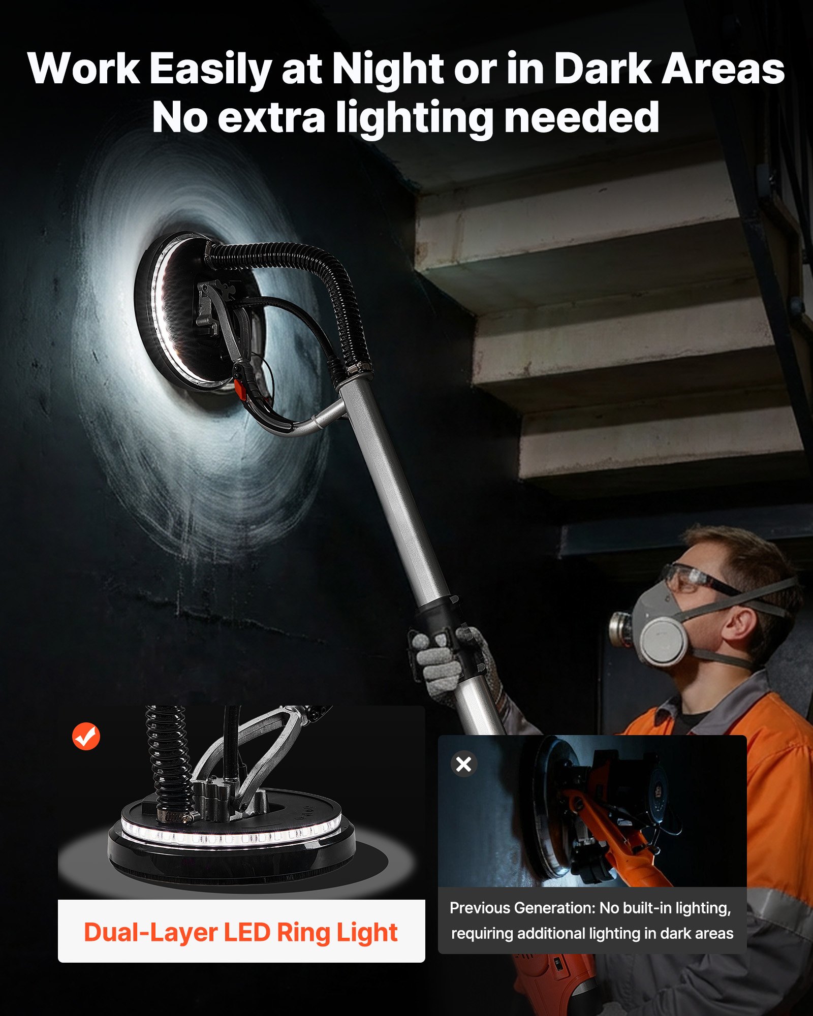 VEVOR Trockenbauschleifer, 1010 W Deckenschleifer mit 255 mm Schleifteller, Langhalsschleifer mit 1000–2200 U/min Drehzahl, Doppelwandiger LED, Ausziehbarem Griff, 15 Schleifscheiben, Staubschlauch