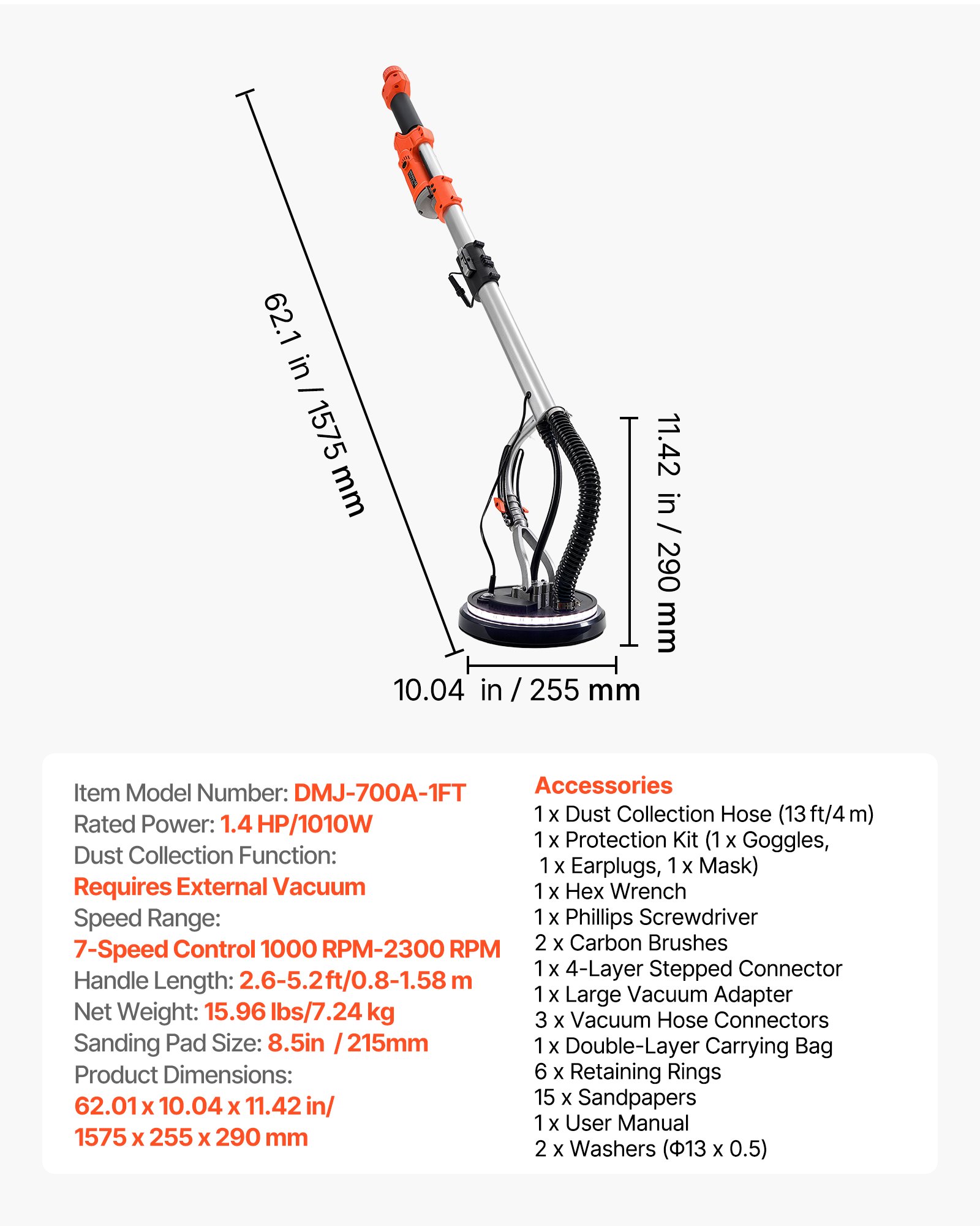 VEVOR Trockenbauschleifer, 1010 W Deckenschleifer mit 255 mm Schleifteller, Langhalsschleifer mit 1000–2200 U/min Drehzahl, Doppelwandiger LED, Ausziehbarem Griff, 15 Schleifscheiben, Staubschlauch