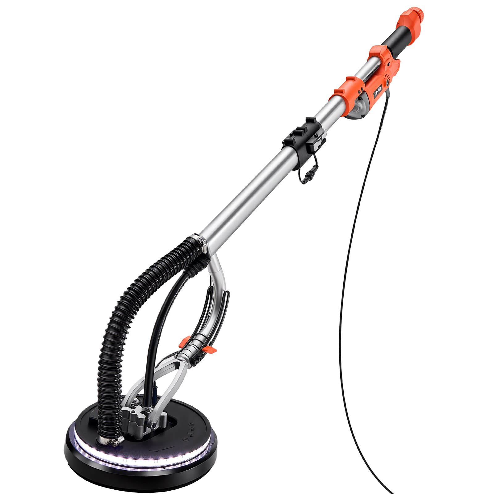 VEVOR Trockenbauschleifer, 1010 W Deckenschleifer mit 255 mm Schleifteller, Langhalsschleifer mit 1000–2200 U/min Drehzahl, Doppelwandiger LED, Ausziehbarem Griff, 15 Schleifscheiben, Staubschlauch