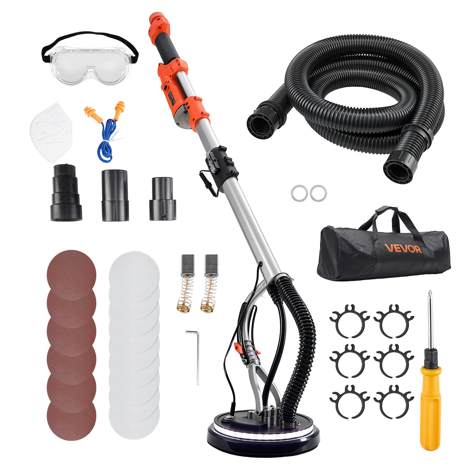 VEVOR Trockenbauschleifer, 1010 W Deckenschleifer mit 255 mm Schleifteller, Langhalsschleifer mit 1000–2200 U/min Drehzahl, Doppelwandiger LED, Ausziehbarem Griff, 15 Schleifscheiben, Staubschlauch