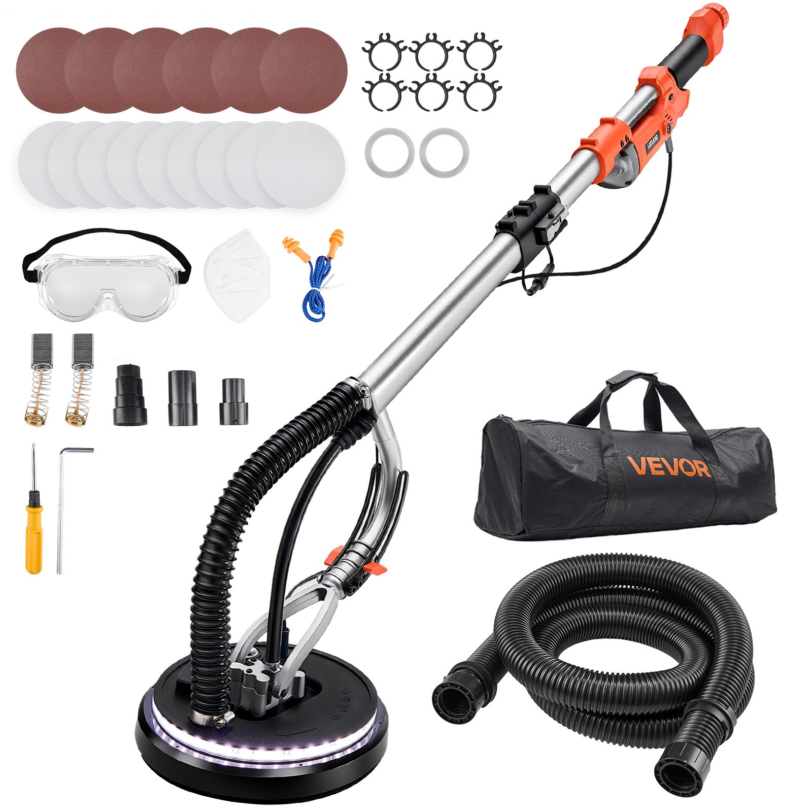 VEVOR Trockenbauschleifer, 1010 W Deckenschleifer mit 255 mm Schleifteller, Langhalsschleifer mit 1000–2200 U/min Drehzahl, Doppelwandiger LED, Ausziehbarem Griff, 15 Schleifscheiben, Staubschlauch