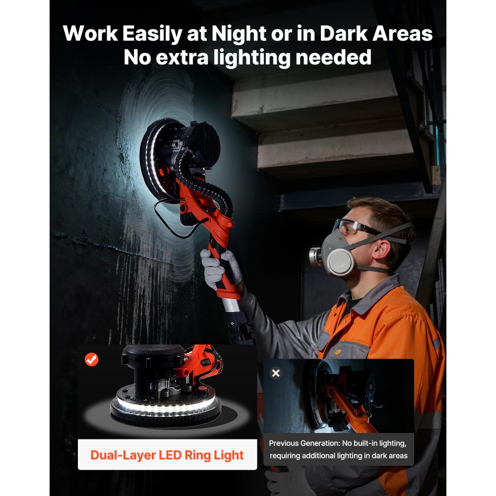 VEVOR Trockenbauschleifer 1150 W, Deckenschleifer mit 255 mm Schleifteller, Langhalsschleifer mit Staubabsaugung, 800-1700 U/min Drehzahl, LED-Licht, Ausziehbarer Griff, 15 Schleifscheiben