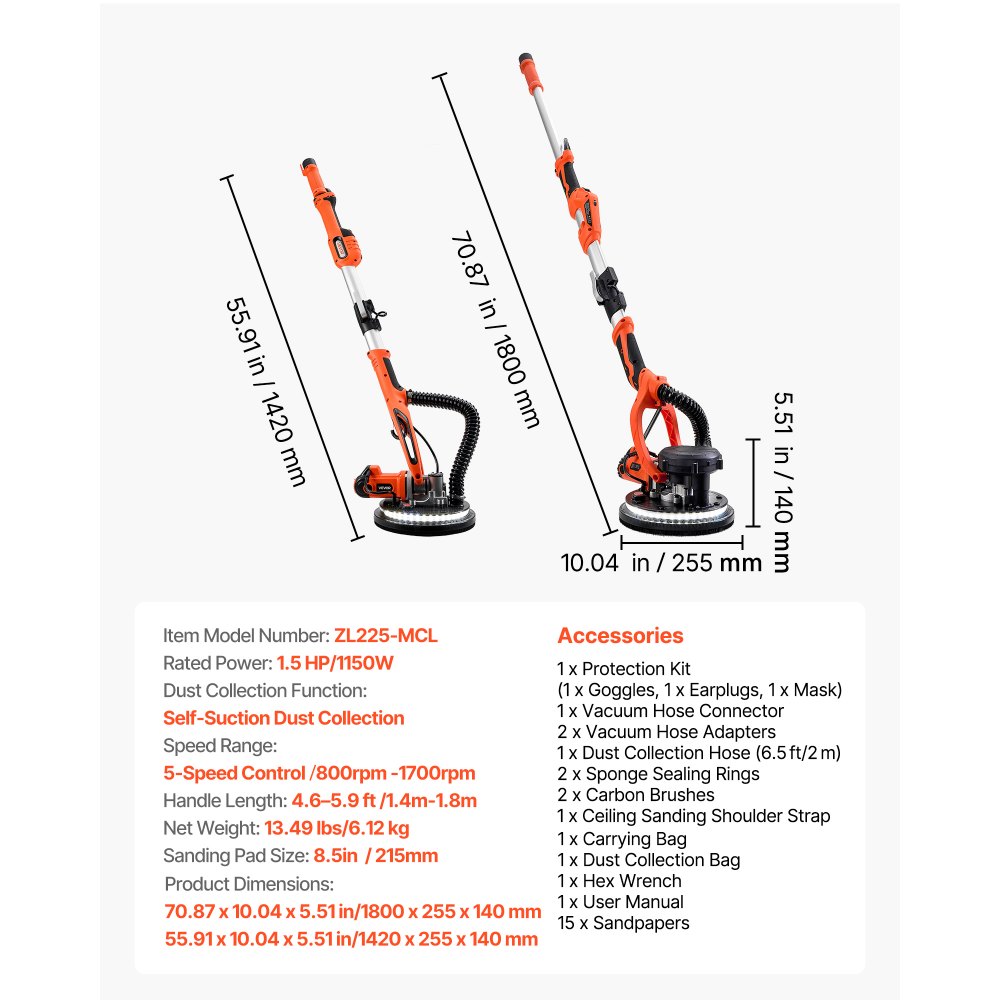 VEVOR Trockenbauschleifer 1150 W, Deckenschleifer mit 255 mm Schleifteller, Langhalsschleifer mit Staubabsaugung, 800-1700 U/min Drehzahl, LED-Licht, Ausziehbarer Griff, 15 Schleifscheiben