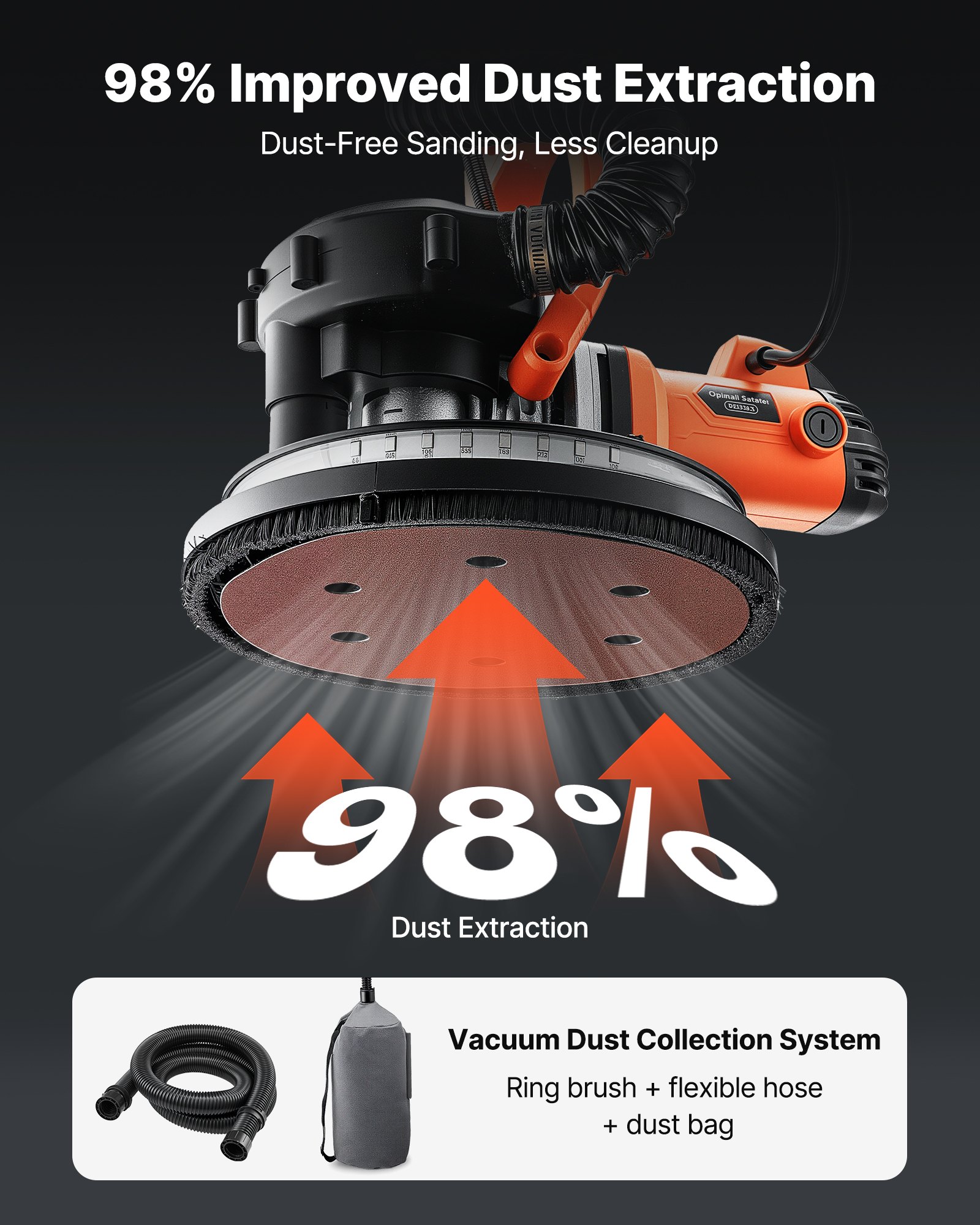 VEVOR Trockenbauschleifer 1150 W, Deckenschleifer mit 255 mm Schleifteller, Langhalsschleifer mit Staubabsaugung, 800-1700 U/min Drehzahl, LED-Licht, Ausziehbarer Griff, 15 Schleifscheiben