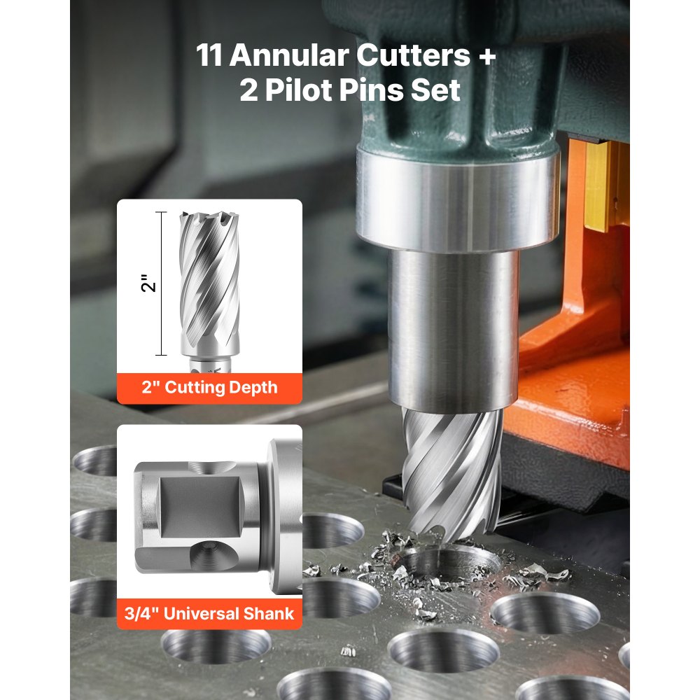 VEVOR Annular Cutter Set, 13 pcs Universal Shank Mag Drill Bits Kit, 50.8 mm Cutting Depth, 11.11 mm to 26.98 mm Cutting Diameter, HSS, 11 Drill Bits, 2 Pilot Pins, Plastic Case, for Magnetic Drills