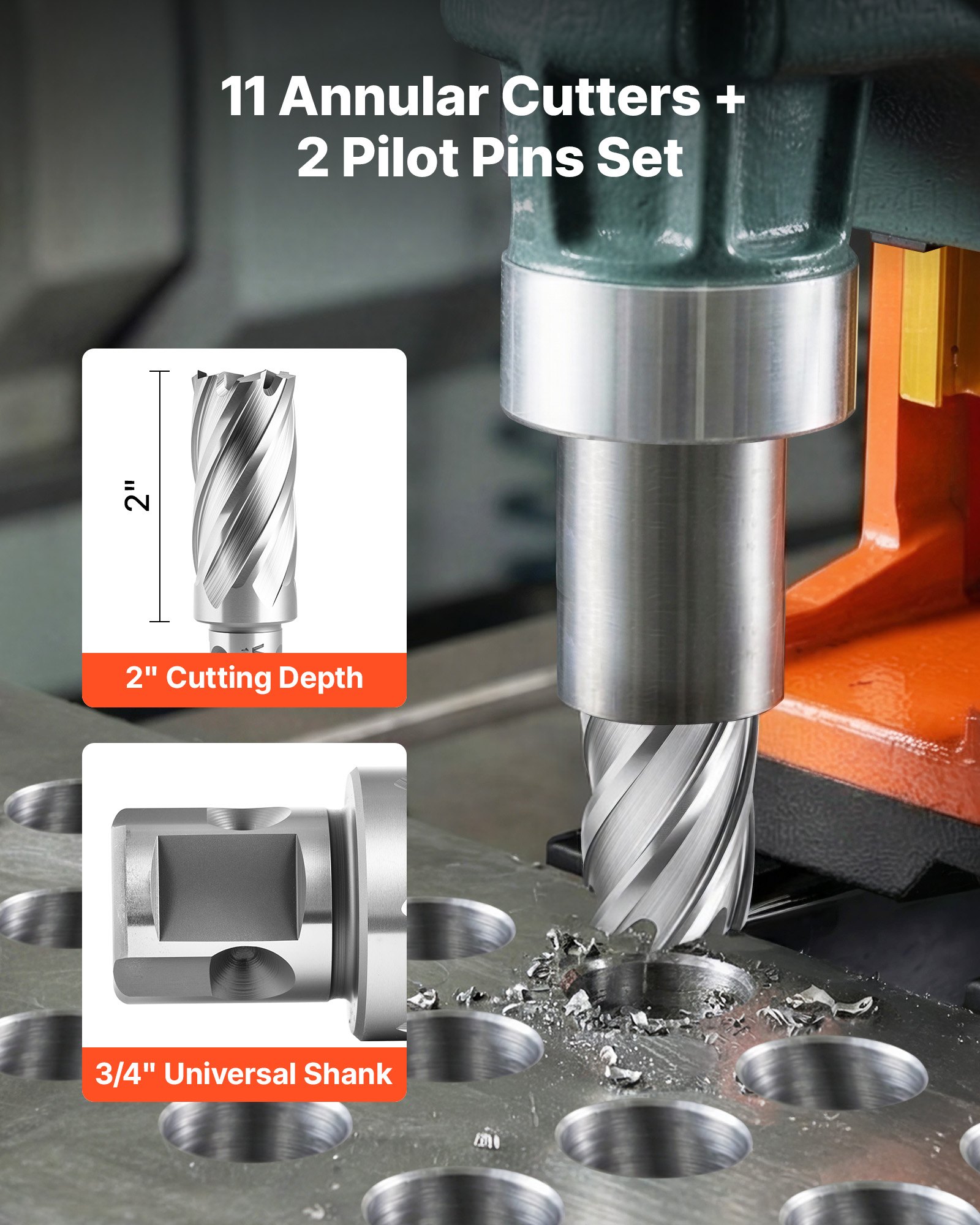 VEVOR Annular Cutter Set, 13 pcs Universal Shank Mag Drill Bits Kit, 50.8 mm Cutting Depth, 11.11 mm to 26.98 mm Cutting Diameter, HSS, 11 Drill Bits, 2 Pilot Pins, Plastic Case, for Magnetic Drills