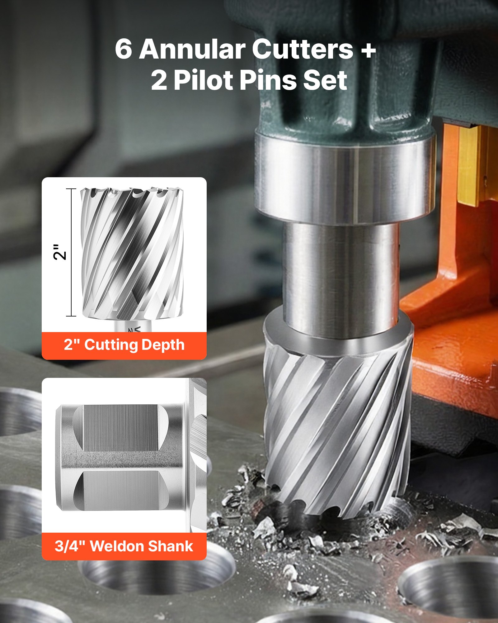 VEVOR Annular Cutter Set, 8 pcs Weldon Shank Mag Drill Bits Kit, 50.8 mm Cutting Depth, 22.22 mm to 50.8 mm Cutting Diameter, HSS, 6 Drill Bits with 2 Pilot Pins, Plastic Case, for Magnetic Drills