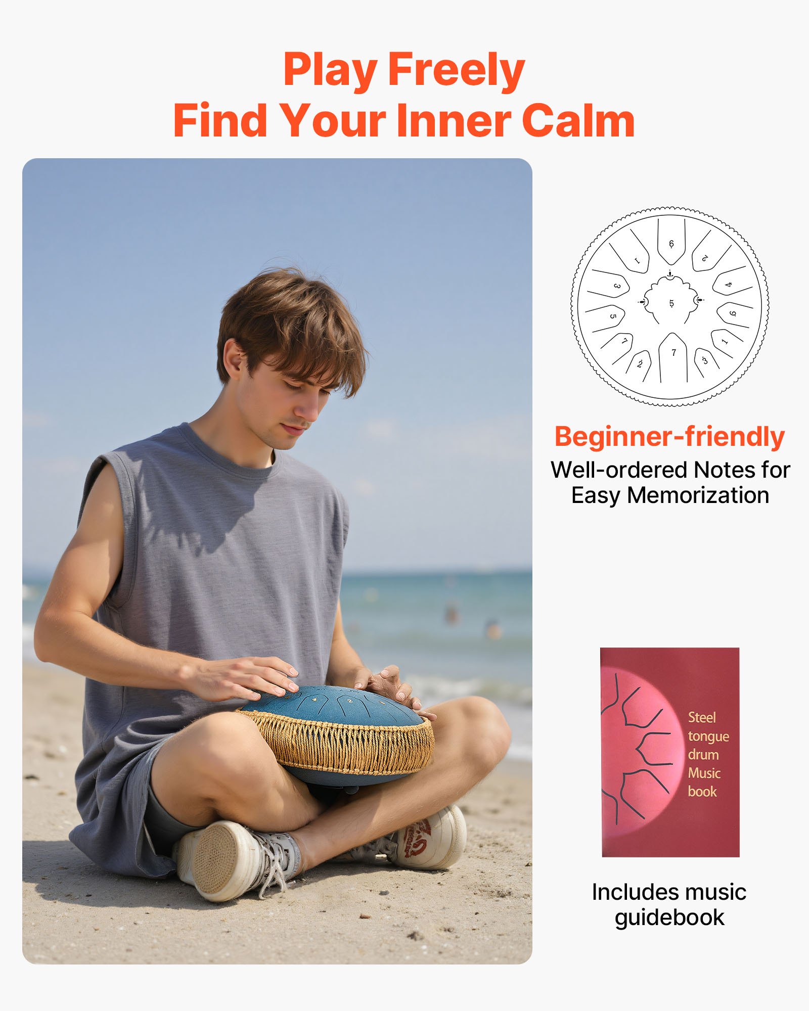 VEVOR Zungentrommel, Ø305 mm, 13 Töne, Regentrommel, C-Dur, mit Notenbuch & Schlägeln, Perkussionsinstrument für Meditation, Yoga & musikalische Anfängerausbildung, Steel Tongue Drum Marineblau