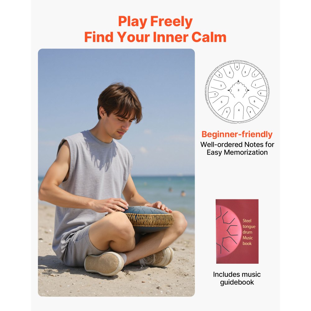 VEVOR Zungentrommel, 33 cm 15-Noten-Regentrommel, C-Dur-Musiktrommeln mit Notenbuch & Schlägeln, Steel Tongue Drum für Meditation, Yoga, musikalische Ausbildung für Anfänger, Marineblau