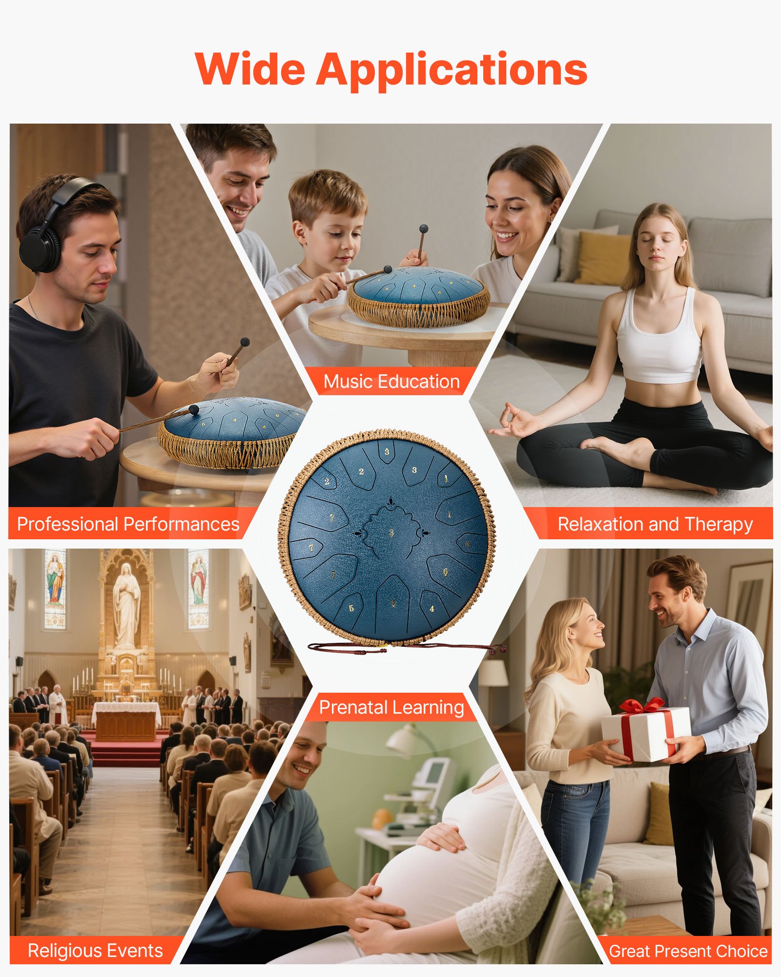 VEVOR Zungentrommel, 33 cm 15-Noten-Regentrommel, C-Dur-Musiktrommeln mit Notenbuch & Schlägeln, Steel Tongue Drum für Meditation, Yoga, musikalische Ausbildung für Anfänger, Marineblau