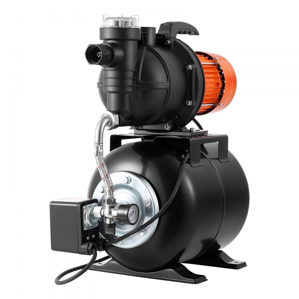VEVOR Hauswasserwerk 735 W, 3785 L/h Jetpumpe mit 19 L Druckbehälter, 39 m Förderhöhe, inkl. Filter, Rückschlagventil & Kunststoffpumpenkopf, zur Automatischen Gartenbewässerung & Hauswasserversorgung