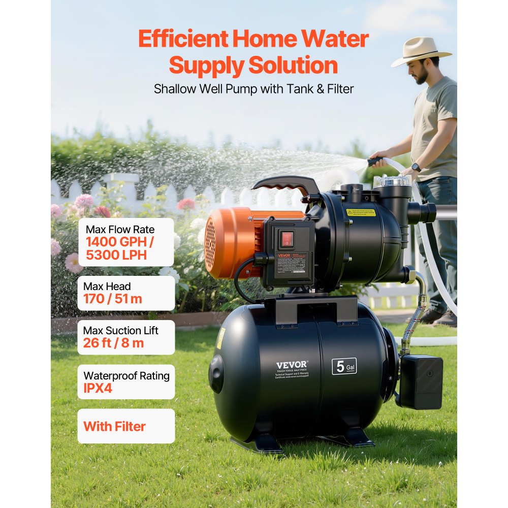 VEVOR Hauswasserwerk 1100 W, 5300 L/h Jetpumpe mit 19 L Druckbehälter, 51 m Förderhöhe, inkl. Filter, Rückschlagventil & Kunststoffpumpenkopf, zur Automatischen Gartenbewässerung & Hauswasserversorgung