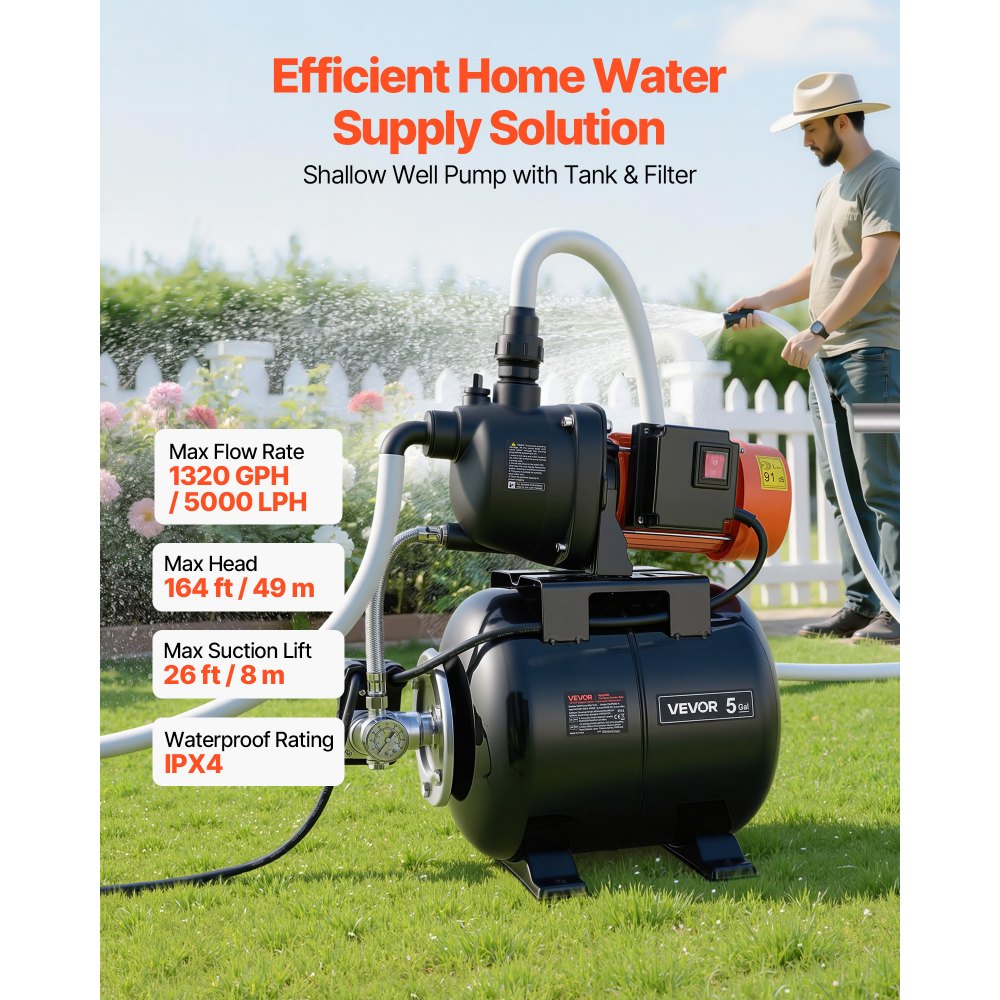 VEVOR 1.1 HP Shallow Well Pump with Pressure Tank, 230V 5000 LPH, Plastic Irrigation Jet Pump with 19 L Tank, Automatic Water Booster Transfer System, 1.4-2.8 bar Pressure Switch, for Home Garden Lawn