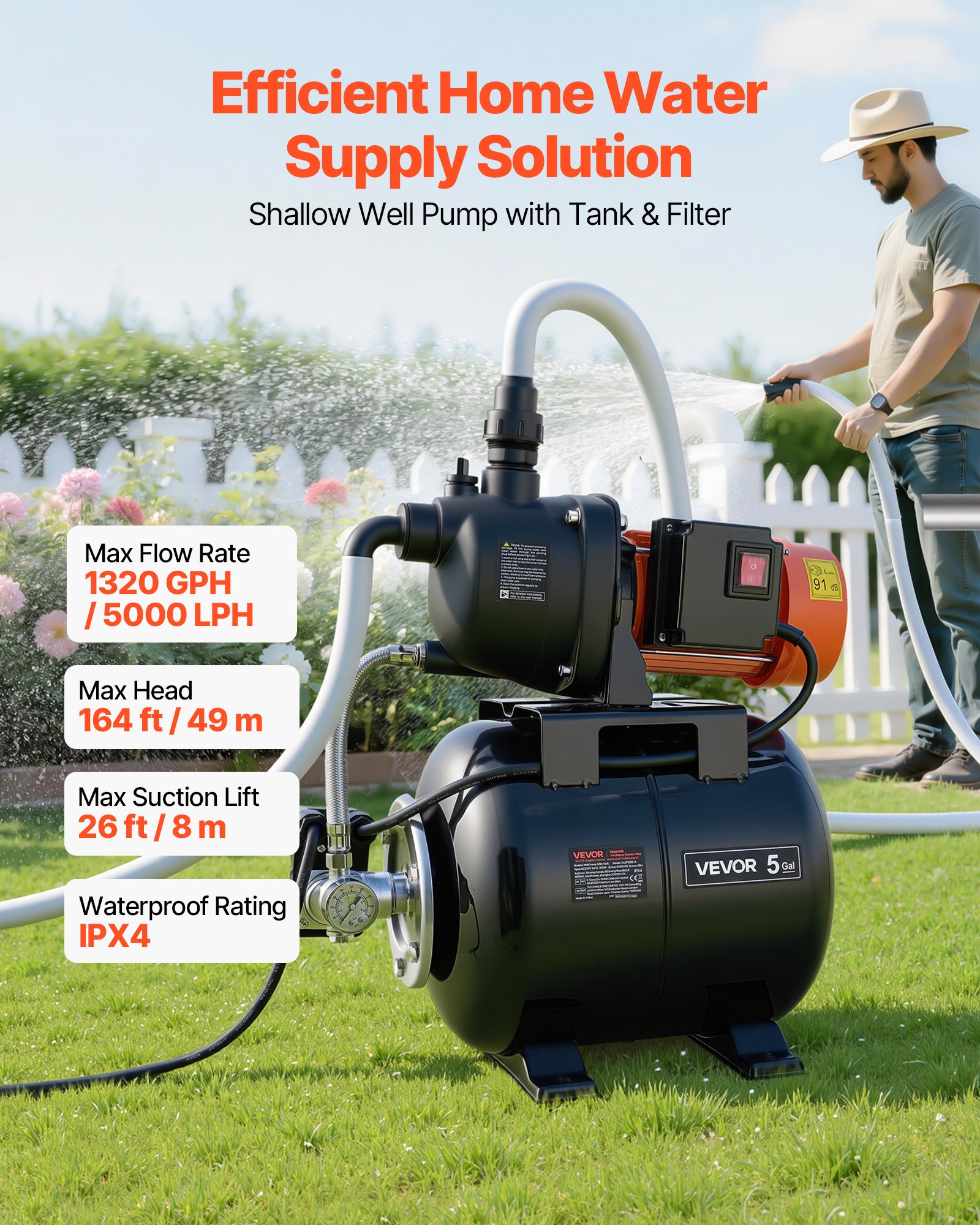 VEVOR 1.1 HP Shallow Well Pump with Pressure Tank, 230V 5000 LPH, Plastic Irrigation Jet Pump with 19 L Tank, Automatic Water Booster Transfer System, 1.4-2.8 bar Pressure Switch, for Home Garden Lawn