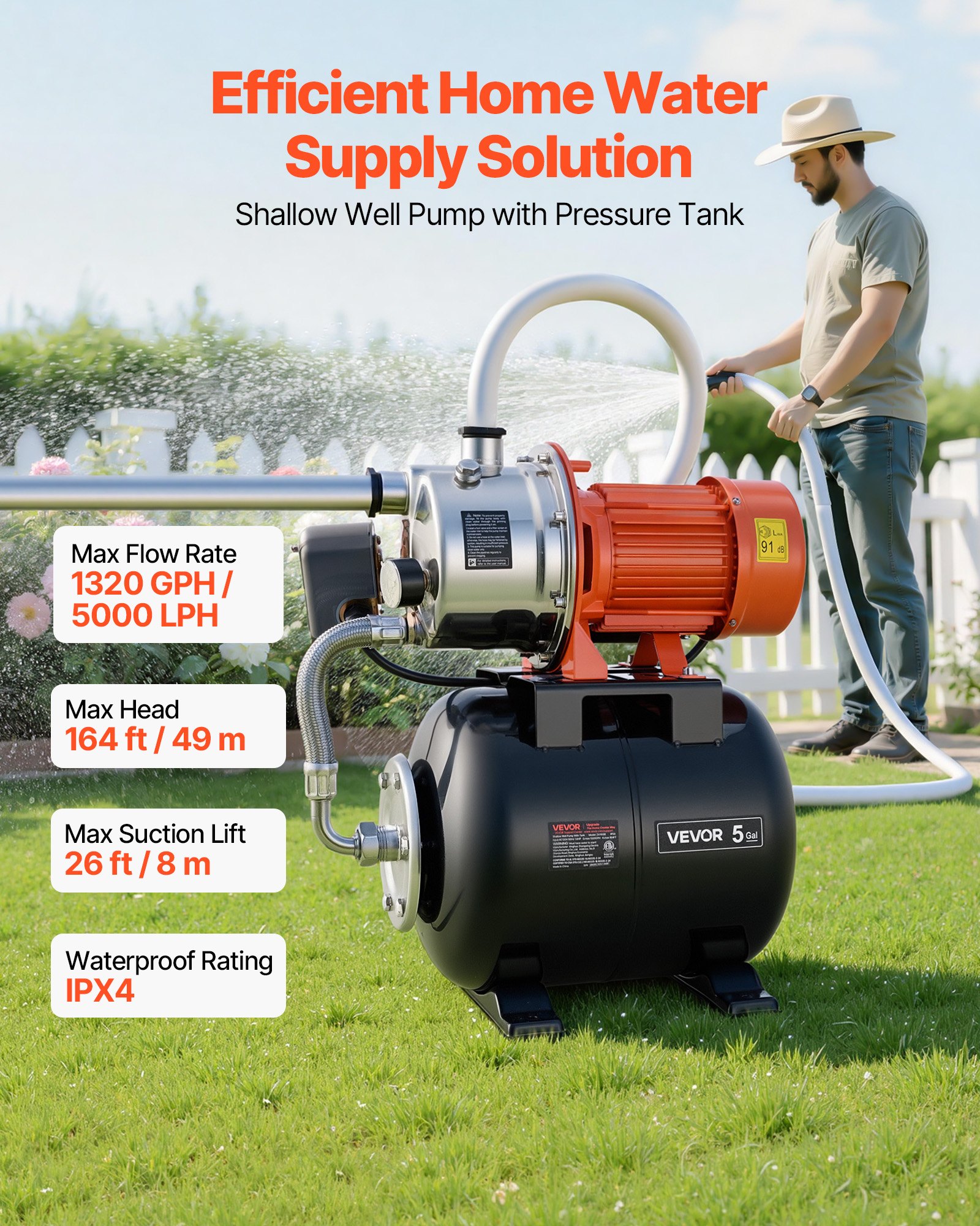 VEVOR Hauswasserwerk 1,6 PS 5000 L/h Flachbrunnenpumpe mit Druckbehälter, für Garten Rasen und Hauswasserversorgung, 49 m Förderhöhe, 8 m Saughöhe, IPX4-Wasserschutz und Manometer zur Druckkontrolle