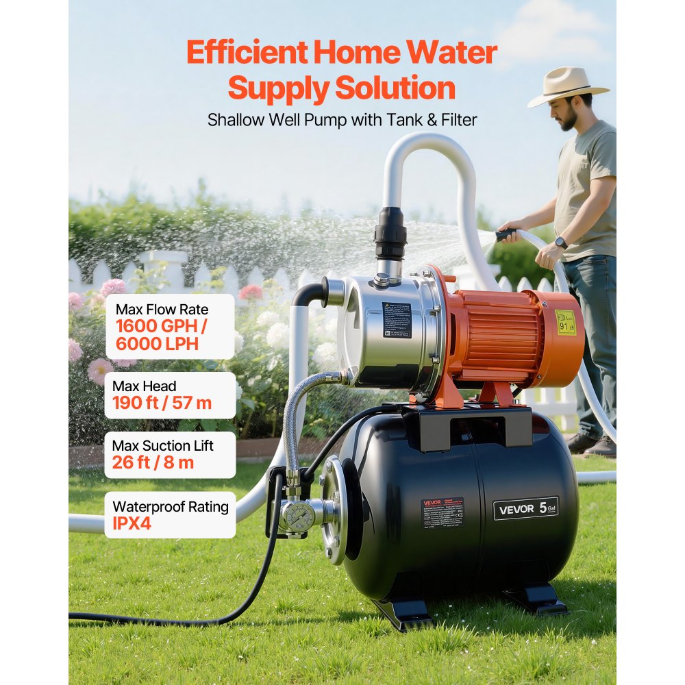 VEVOR 1.6 HP Shallow Well Pump with Pressure Tank, 230V 6000 LPH, Stainless Steel Irrigation Jet Pump with 19 L Tank, Automatic Water Booster System, 1.4-2.8 bar Pressure Switch, for Home Garden Lawn