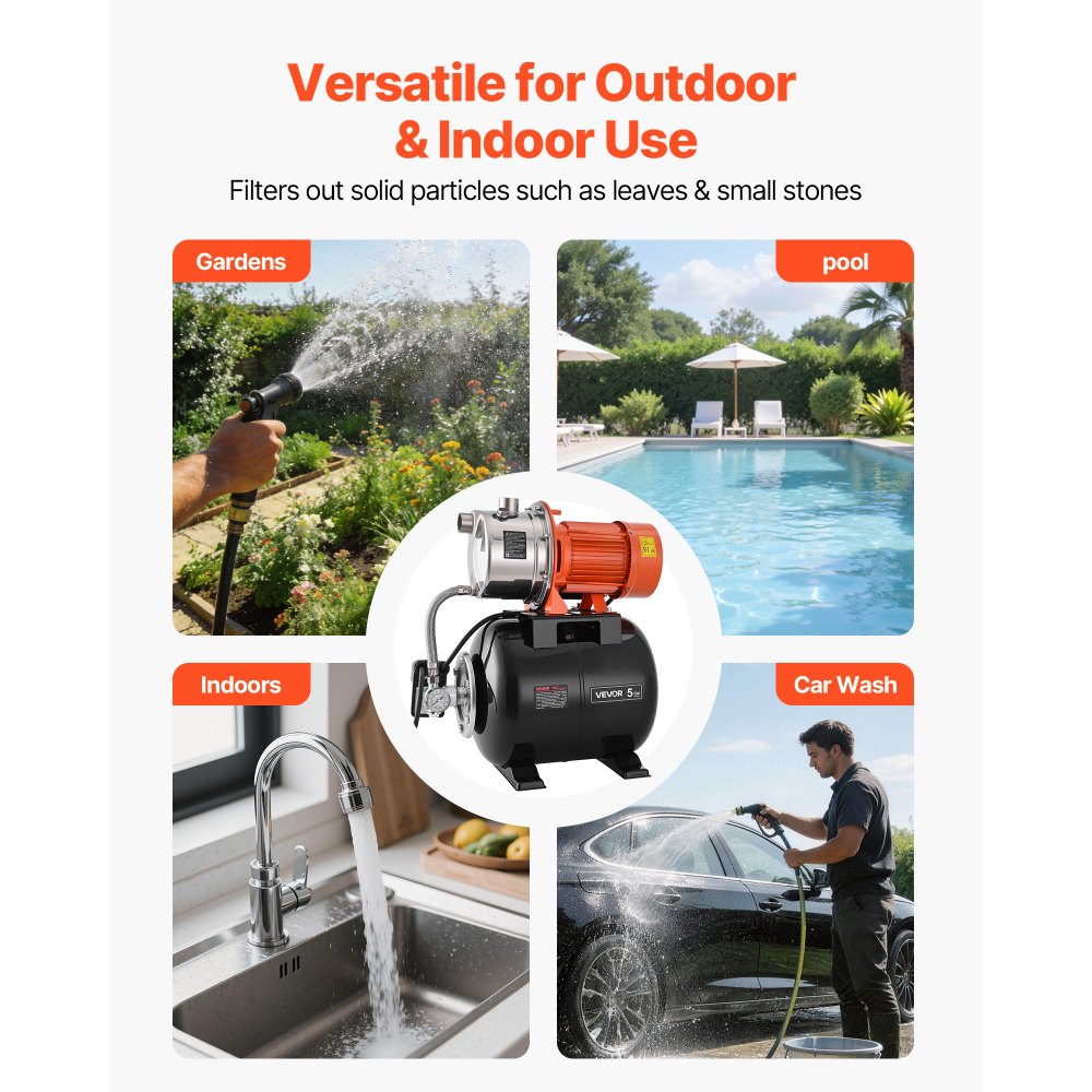 VEVOR 1.6 HP Shallow Well Pump with Pressure Tank, 230V 6000 LPH, Stainless Steel Irrigation Jet Pump with 19 L Tank, Automatic Water Booster System, 1.4-2.8 bar Pressure Switch, for Home Garden Lawn