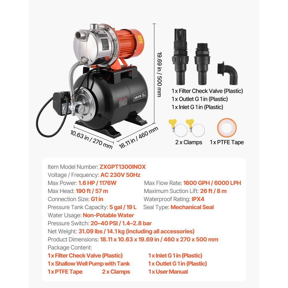 VEVOR 1.6 HP Shallow Well Pump with Pressure Tank, 230V 6000 LPH, Stainless Steel Irrigation Jet Pump with 19 L Tank, Automatic Water Booster System, 1.4-2.8 bar Pressure Switch, for Home Garden Lawn